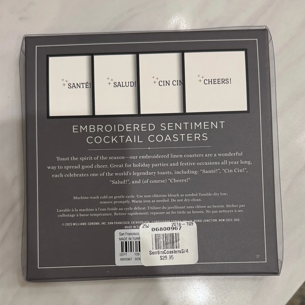 NWT Williams Sonoma Embroidered Coasters